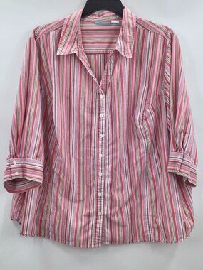 Women's 4X 30/32 Pink Pinstriped Blouse Shirt Spring Summer 3/4 Sleeve Stretch